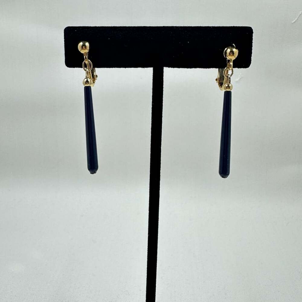 Vintage Napier Navy Blue Drop Clip On Earrings Gold Tone Signed